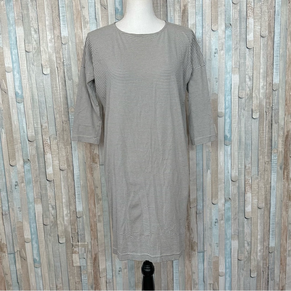 Samuji S Gray Stripe Knit Drop Shoulder 3/4 Sleeve Tunic Mini T Shirt Dress $205